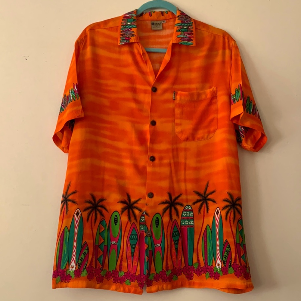 Hawaiian Mens Shirt Size Large 100% Rayon Flawless Orange Surf Boards Pa…